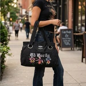 Ed Hardy Black Canvas Tote with Multicolor Floral Embroidery
